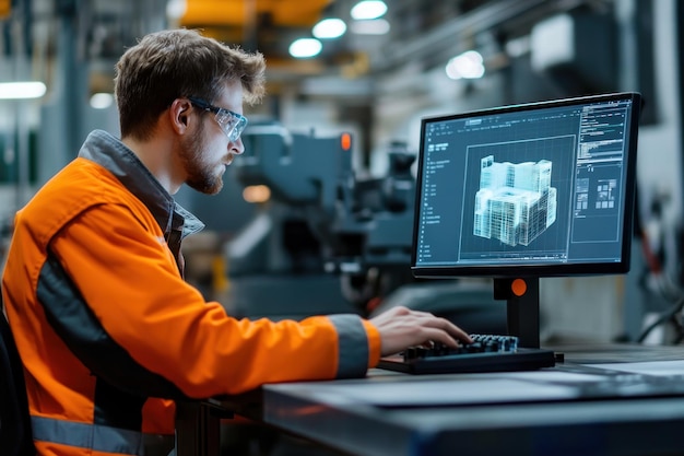 Industrial Worker Using a Computer to Design a 3D Model