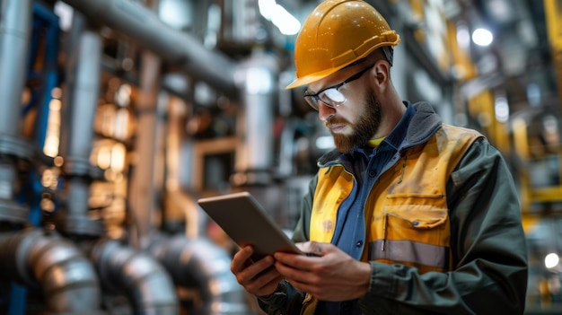 Industrial Worker Using Digital Tablet in Manufacturing Facility