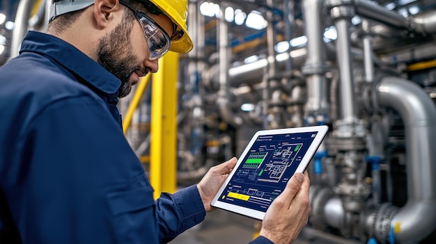 Industrial Worker Using Tablet for Maintenance and Inspection in Factory