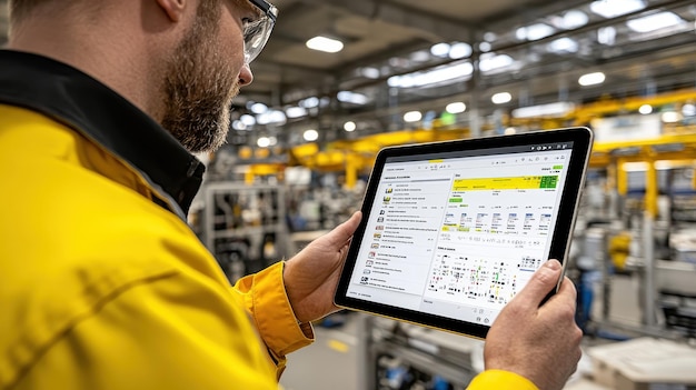 Photo industrial worker using tablet for production monitoring