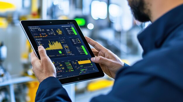 Industrial Worker Using Tablet with Data Analytics and Graphs