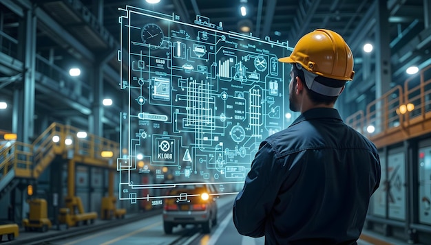 Photo industrial worker viewing advanced engineering display in a futuristic tech environment