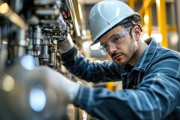 Photo industrial worker wearing safety gear inspecting machine