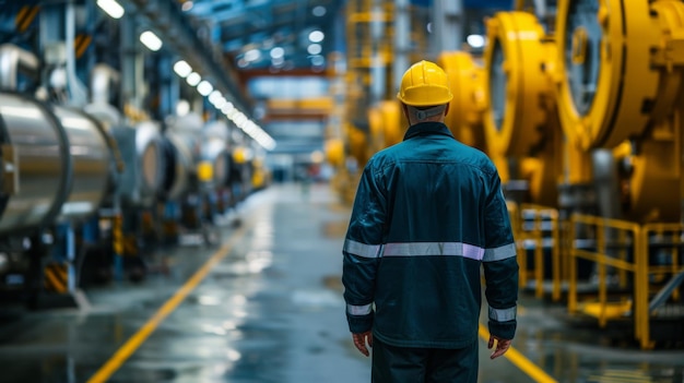 Industrial worker wearing a yellow helmet walks through a factory hallway surrounded by machinery representing industry and labor