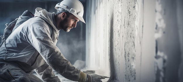 Industrial Worker with Plastering Tools for Renovation