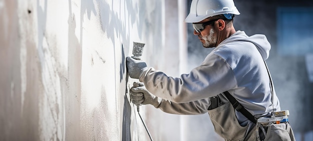 Industrial Worker with Plastering Tools for Renovation