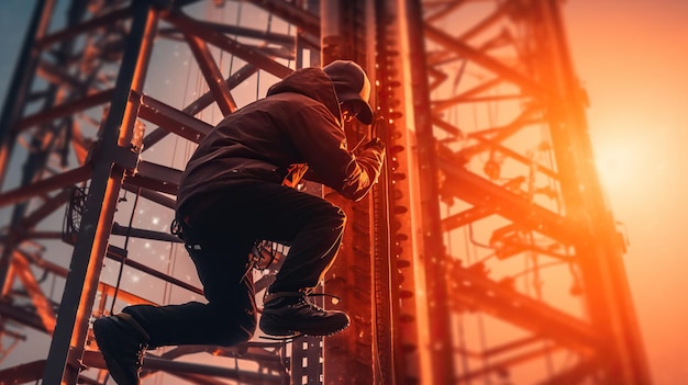 Photo industrial worker working at height safety work safety gear hard hat constructor