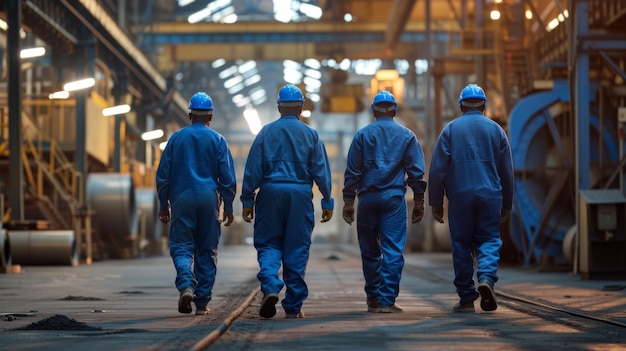 industrial workers in blue uniforms and hard hats walking away in a large industrial facility or factory