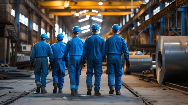 Photo industrial workers in blue uniforms and hard hats walking away in a large industrial facility or factory