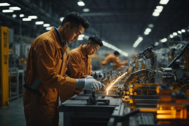 Photo industrial workers using advanced welding technology in a factory