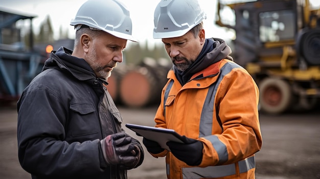 Industrial workers using a digital tablet on site