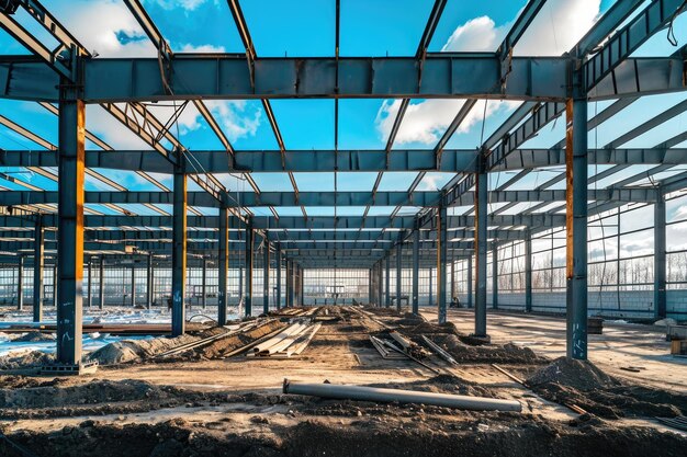 Industrial Workshop Construction Steel Framework Against Blue Sky