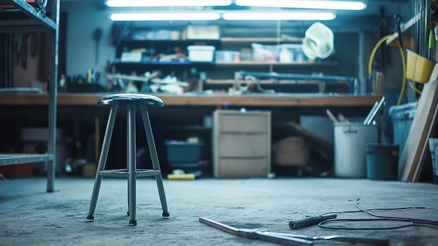 Photo industrial workshop with a metal stool in the center surrounded by tools and equipment the dim lighting and cluttered workspace create a gritty and functional atmosphere