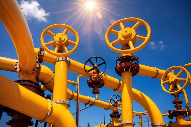 Industrial yellow gas and oil pipelines and valves on a blue sky background