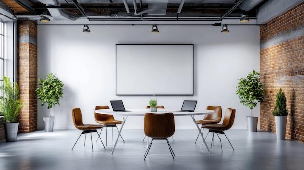 Photo industrialstyle conference room with exposed brick walls modern furniture and a blank screen ideal for creative and business meetings