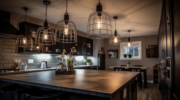 Industrialstyle pendant lighting over kitchen island AI generated