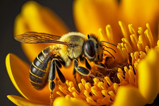 Industrious bee collects pollen on yellow bee flower petals created with generative ai