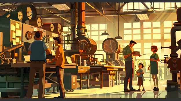 Industrious Workshop Filled with Modern Machinery and Collaborative Teamwork in a Bright Organized Factory Setting