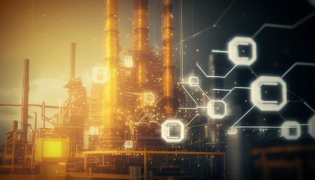 Industry 40 and Energy Conservation Concept Energy emblem and network double exposure with oil refinery business plant background Generative AI