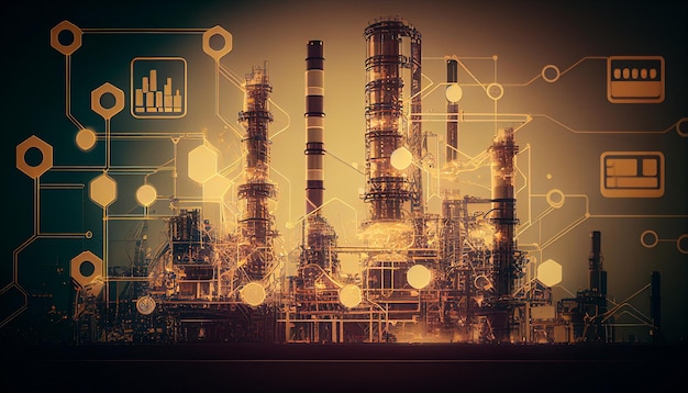 Industry 40 and Energy Conservation Concept Energy emblem and network double exposure with oil refinery business plant background Generative AI