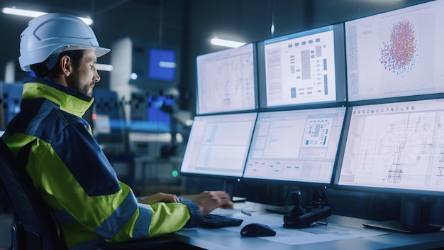 Industry 40 Modern Factory Facility Operator Controls Workshop Production Line Uses Computer with Screens Showing Complex UI of Machine Operation Processes Controllers Machinery Blueprints