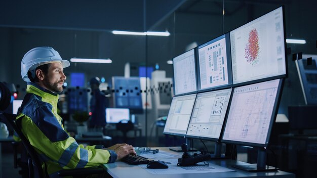 Photo industry 40 modern factory facility operator controls workshop production line uses computer with screens showing complex ui of machine operation processes controllers machinery blueprints