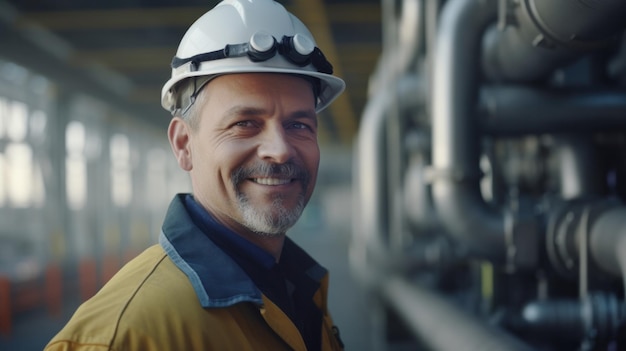 Industry Expertise Embodied MiddleAged Engineer in Work Attire Amidst a Chemical Plants MachineryxA