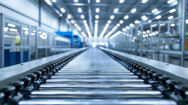 Industry machinery concept closeup of a conveyor belt in a modern manufacturing plant