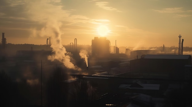 Industry metallurgical plant dawn smoke smog emissions bad ecology aerial photography AI generated