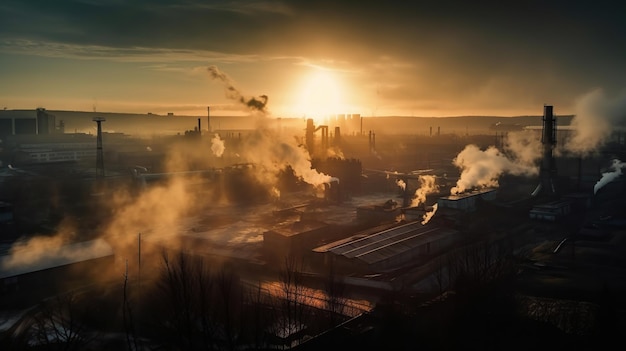 Industry metallurgical plant dawn smoke smog emissions bad ecology aerial photography AI generated