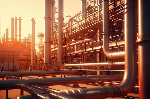 Industry pipeline rack for transport crude oil petrochemical with sunset background Generative AI