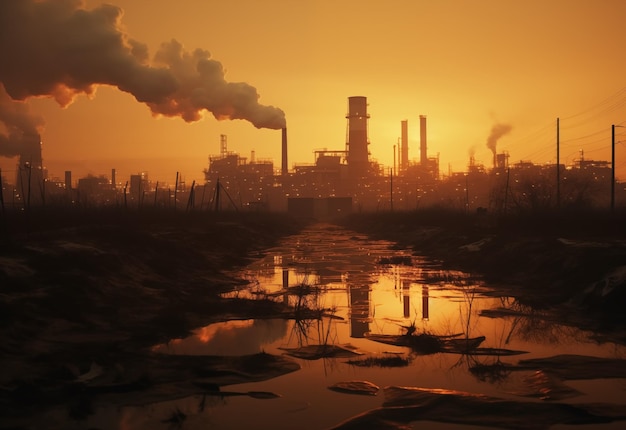 Industry plant dawn smoke smog emissions bad ecology Clause of Climate change and Global warming