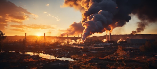 industry and pollution smoke stacks in the setting sun