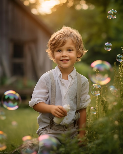 An infant baby child playing with bubbles outside Generative AI image