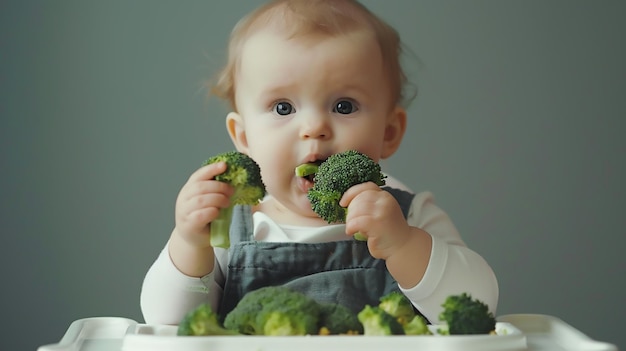 Photo infant baby girl eating healthy food