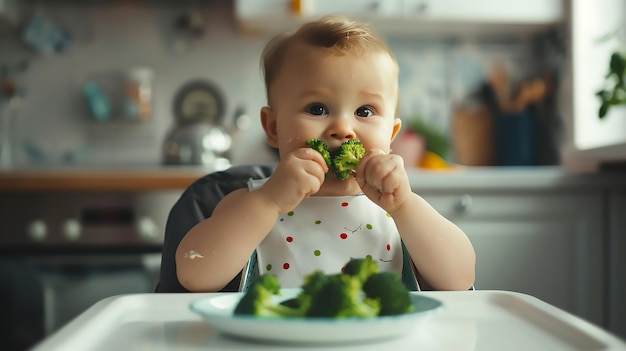 Photo infant baby girl eating healthy food