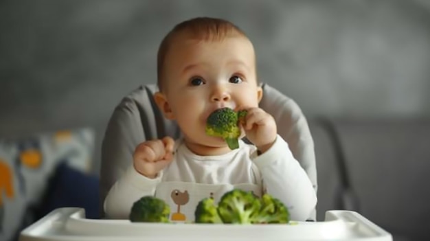 Photo infant baby girl eating healthy food