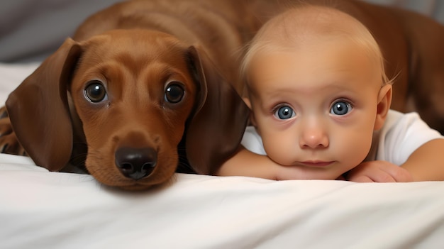 An infant and dachshund white sheet