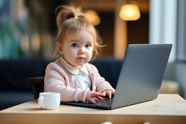 Infant girl using laptop remote working at home office looking at computer talking having hybrid virtual meeting learning english communicating by video call elearning webinar