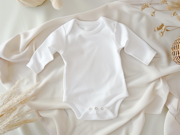 Photo infant onesie mockup featuring a white cotton bodysuit on a white blanket genderneutral