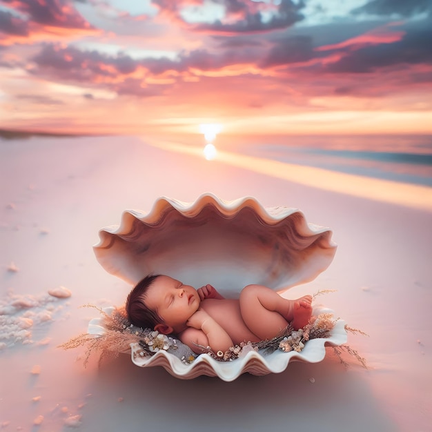 Infant peacefully sleeping in a large seashell on the beach with a stunning sunset in the background