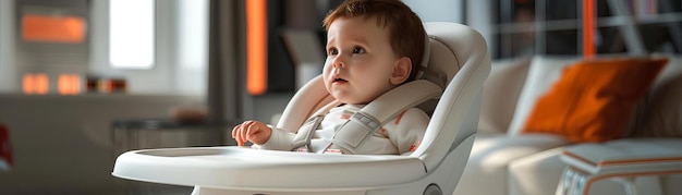 Infant sitting in a modern high chair promoting easy clean features and stylish design cyberpunk style