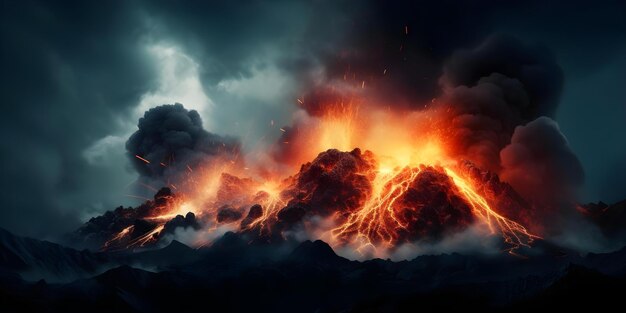 Photo infernal proportions volcanic eruption with lava flow and billowing smoke concept volcanic eruption lava flow infernal proportions billowing smoke