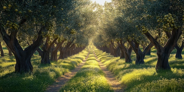 Photo infinite rows of olive trees bearing ripe fruit from left to right