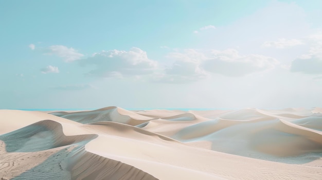 Infinite sand dunes stretch under a bright blue sky creating a harmonious and entrancing desertscape that exudes both beauty and tranquility