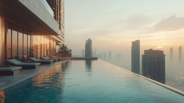 Infinity Pool on Rooftop with Cityscape View at Sunset