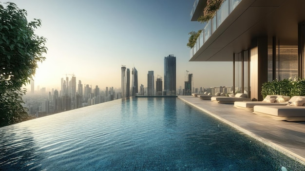 Infinity Pool with City Skyline View at Sunset