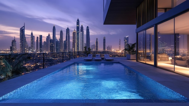 Infinity Pool with City Skyline View at Twilight