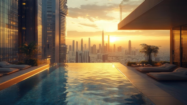 Infinity Pool with Cityscape Sunset View