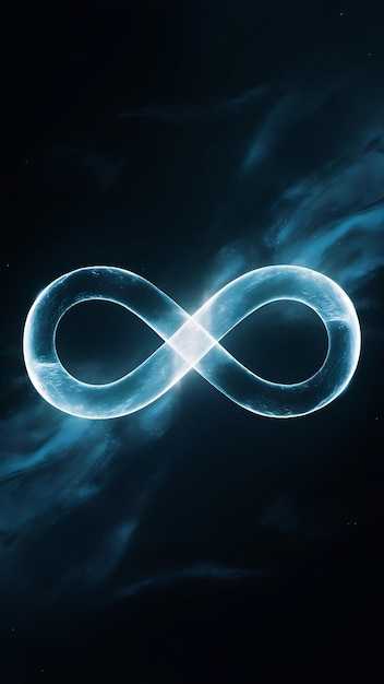 Infinity sign with blue glow agnst dark galactic sky